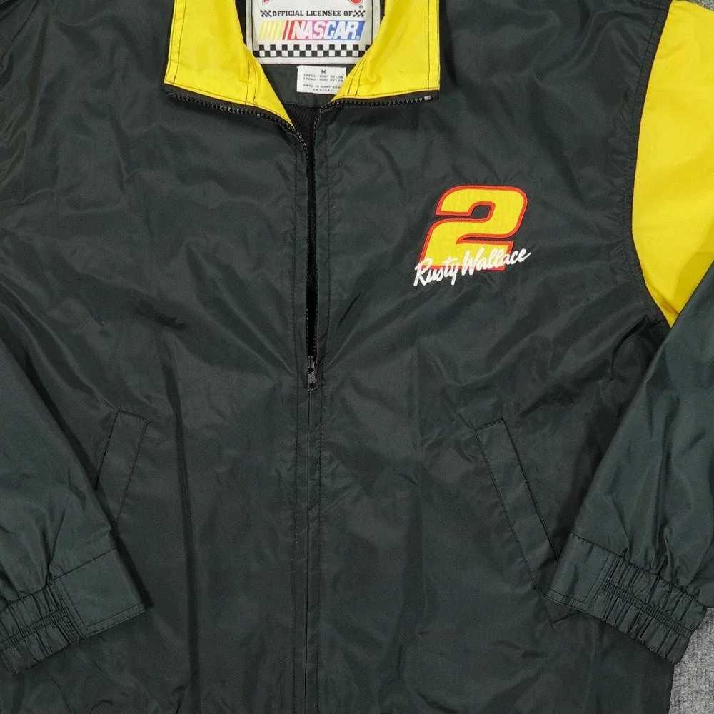 Vintage‎ Rusty Wallace Jacket Mens Medium Black NASCAR Racing Nutmeg Windbreaker